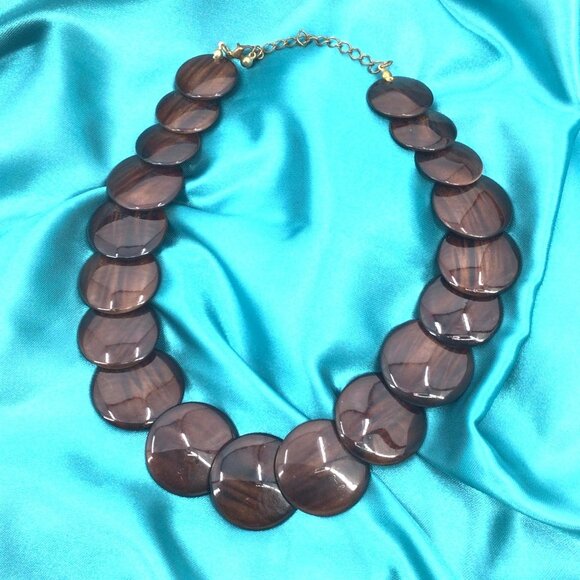 Beaded Necklace Simulated Wood Finish Round Disc Beads Adjustable Length Brown - Picture 3 of 3